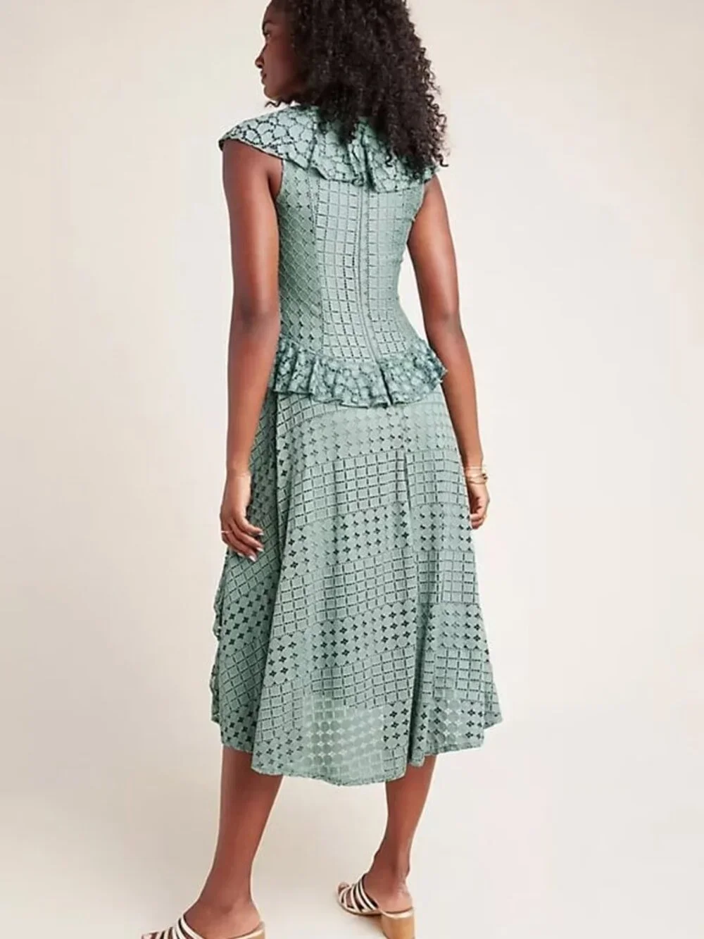 Anthropologie Antoinette Lace Midi Dress 8 Sage Green Ruffle EUC - Picture 3 of 13